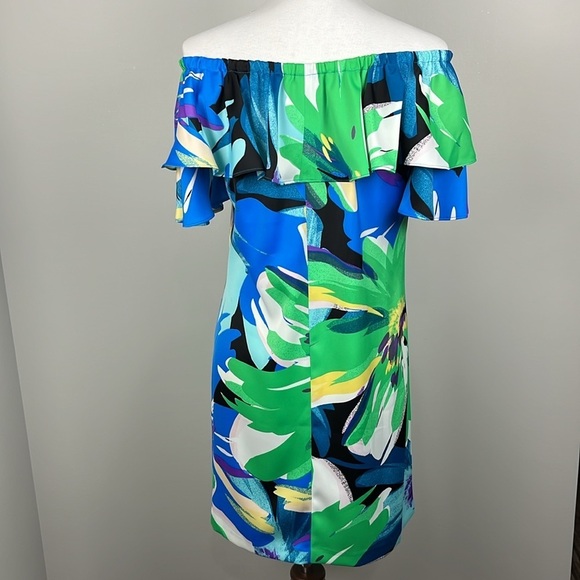 London Times On Off Shoulder Ruffle Multi Floral Tropical Mini Dress Sz 6 Resort - Picture 5 of 15